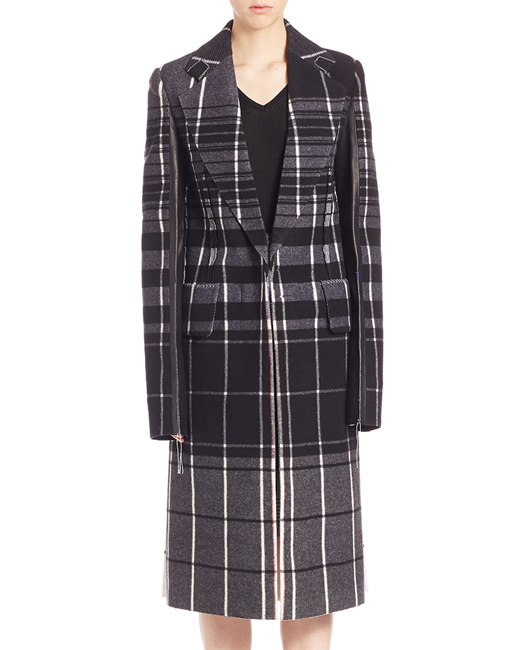 BLACK-MULTI LEATHER & PLAID WOOL OVERCOAT AND BLACK-MULTI HOUNDSTOOTH & PLAID SILK SKIRT BY CALVIN KLEIN COLLECTION. PHOTO: SAKS.