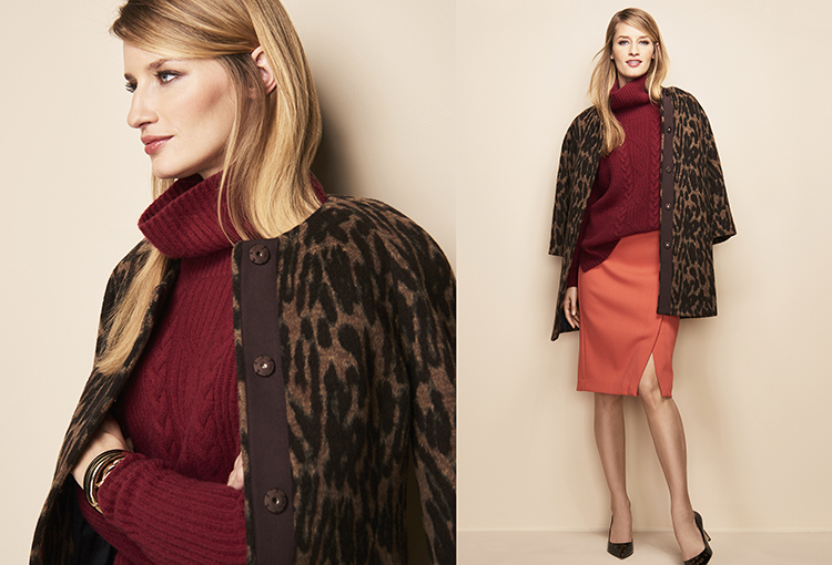 ANIMAL PATTERN TOPPER, BURGUNDY CABLE COWLNECK CASHMERE SWEATER, BRIGHT PUMPKIN TWILL DOUBLE-CLOTH PENCIL SKIRT, TORTOISE ERI POINTY TOE PUMP, AND TORTOISE-COLOR INSET HINGED CUFF BY TALBOTS. PHOTOS: TALBOTS.