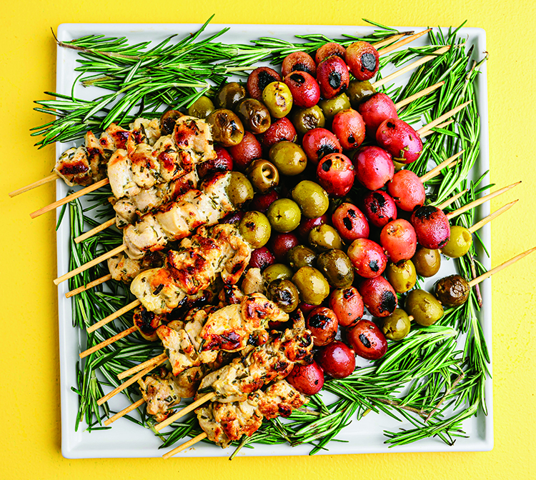 Chicken Kebabs with Grapes and Olives.