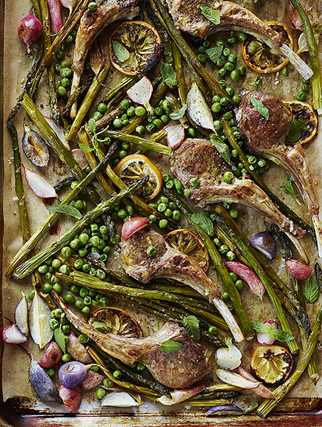 spring vegetables sheet pan lamb chops with asparagus