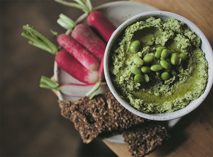 Plant-based edamame cilantro hummus rich in protein and folate