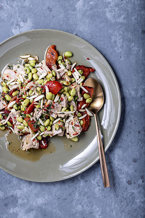 Tuna Steaks with Grilled Capsicum and Edamame Salad.