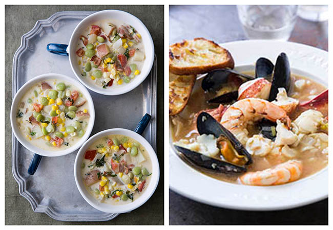 Succotash Chowder with Tomatoes and Basil and American Bouillabaisse with Garlic Toasts and Sriracha Rouille, from Chowderland, photo by Joe Keller.