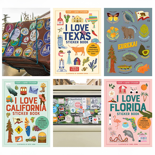 Montage of colorful sticker images including vintage travel luggage covered in labels, bumper stickers on a car, and covers of the I Love Texas, I Love California, and I Love Florida sticker books from Workman Publishing