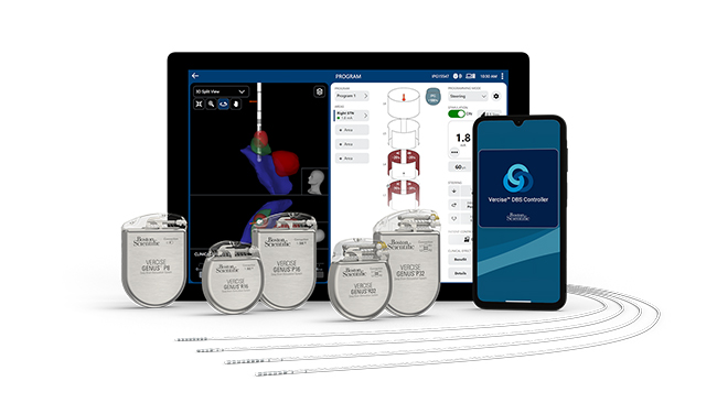 Image of Boston Scientific’s Vercise Genus deep brain stimulation system components and programming interface