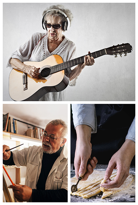 Active older adults learning new skills, including playing guitar, painting, and cooking