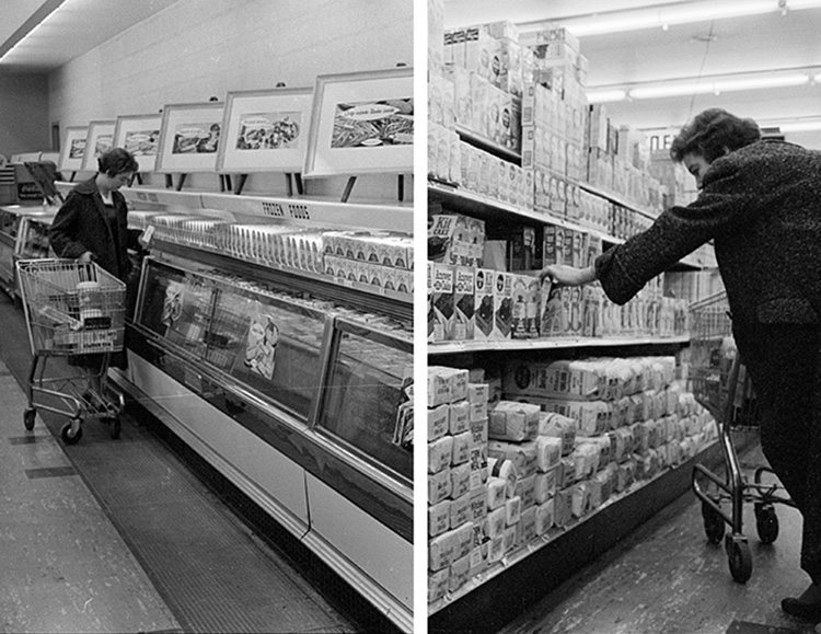 Shoppers in a mid-20th-century grocery store browsing packaged foods and refrigerated cases.