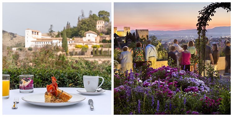 Breakfast terrace with views of the Alhambra at Parador de Granada in Spain. Visitors overlooking Granada during the International Festival of Music and Dance