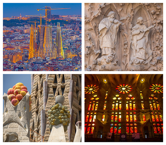 Photo montage of Barcelona's Sagrada Família featuring aerial views, facade sculptures, architectural details, and colorful stained-glass windows