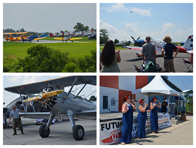 Vintage aircraft lined up at the New Garden Festival of Flight, Visitors walking among aircraft at the New Garden Festival of Flight, Vintage Boeing-Stearman biplane with exposed radial engine, Three singers performing at the New Garden Festival of Flight