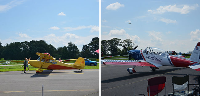 Yellow and red Champion 7FC aircraft at New Garden Festival of Flight, Spirit of New Garden aircraft on the flight line at the air show