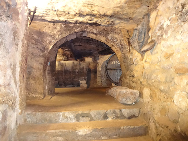 Underground wine cave with wooden barrels in Aranda de Duero, Spain