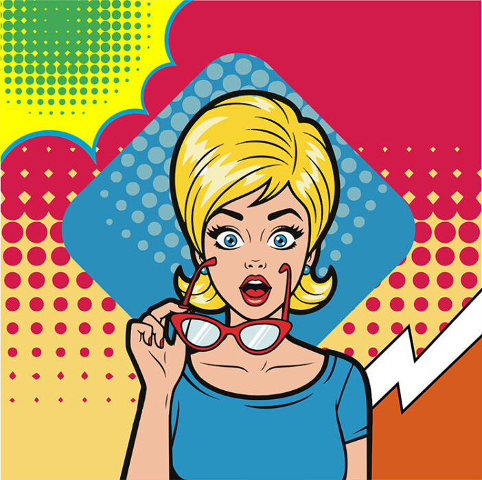 Pop art illustration of a surprised woman holding her glasses, representing humor and aging