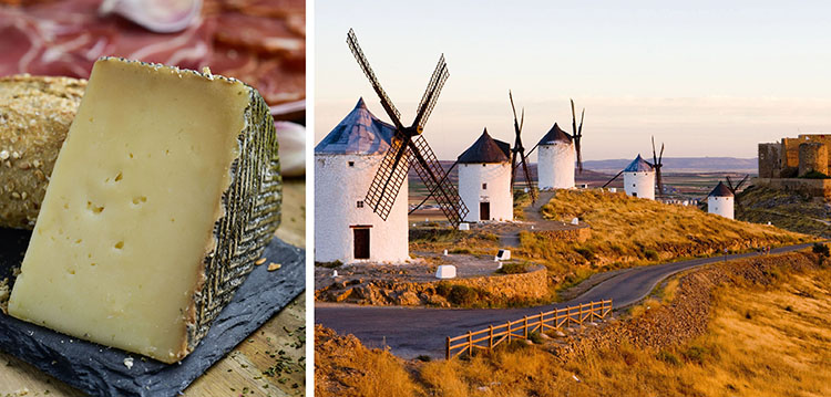 Manchego sheep's milk cheese and historic windmills in Castilla-La Mancha, Spain